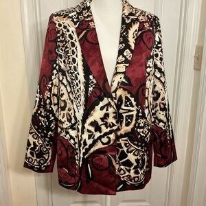 Chicos Animal Print Blazer Womens Large Burgundy Black Open Front Jacket